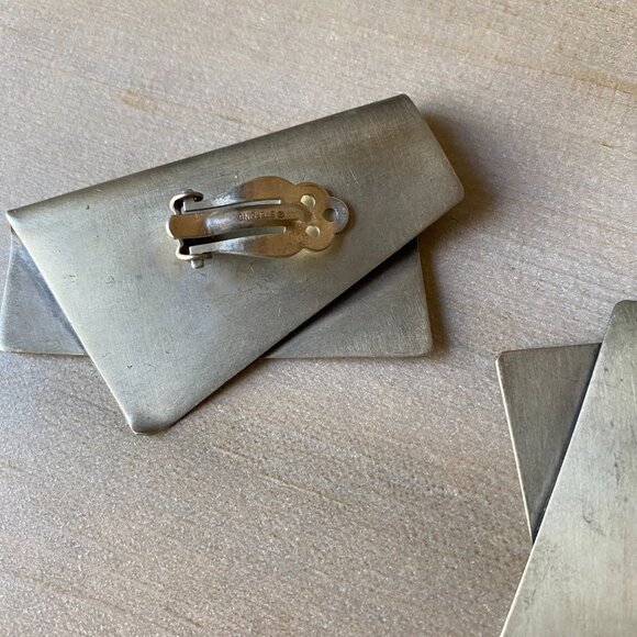 Vintage Sterling Silver Brutalist Modernist Chunky Brass Clip on Earrings - Picture 6 of 11